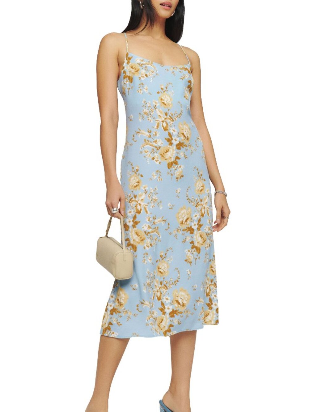 NWOT REFORMATION Dover Floral Lace-Up Open Back Slip Midi Dress 0 Blue Romantic